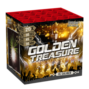 Golden Treasure, 20 shots XL cake met gouden effecten. 30MM kaliber.